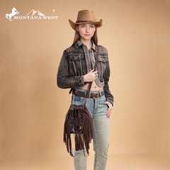MW1349-8311 Montana West Hair-On Cowhide Drawstring Crossbody Bucket Bag - Coffee