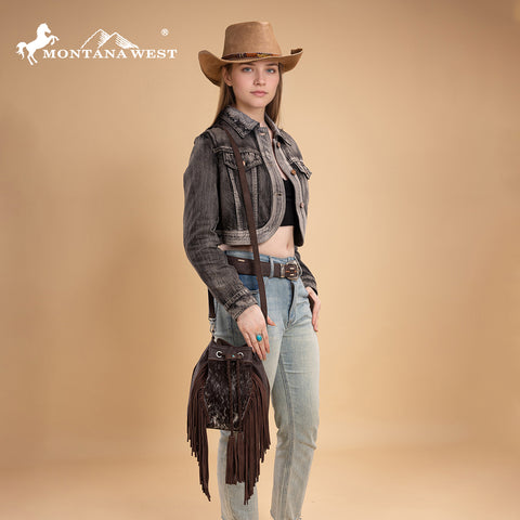 MW1349-8311 Montana West Hair-On Cowhide Drawstring Crossbody Bucket Bag - Coffee