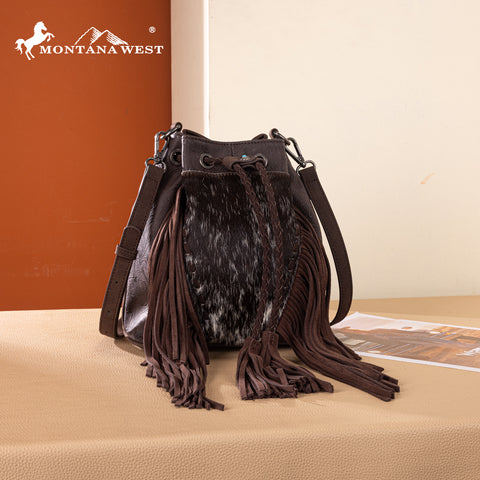MW1349-8311 Montana West Hair-On Cowhide Drawstring Crossbody Bucket Bag - Coffee