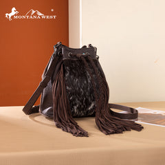 MW1349-8311 Montana West Hair-On Cowhide Drawstring Crossbody Bucket Bag - Coffee