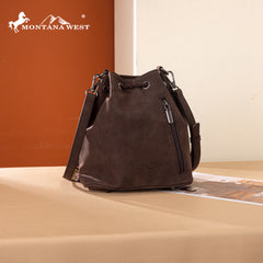 MW1349-8311 Montana West Hair-On Cowhide Drawstring Crossbody Bucket Bag - Coffee