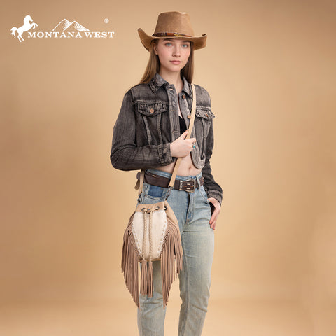 MW1349-8311 Montana West Hair-On Cowhide Drawstring Crossbody Bucket Bag - Tan