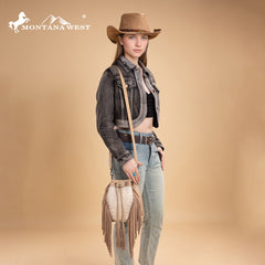 MW1349-8311 Montana West Hair-On Cowhide Drawstring Crossbody Bucket Bag - Tan