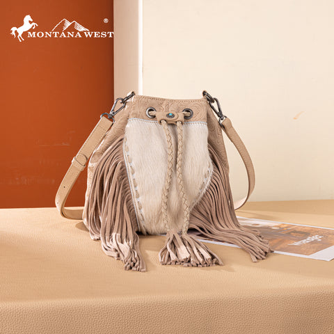 MW1349-8311 Montana West Hair-On Cowhide Drawstring Crossbody Bucket Bag - Tan
