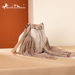 MW1349-8311 Montana West Hair-On Cowhide Drawstring Crossbody Bucket Bag - Tan