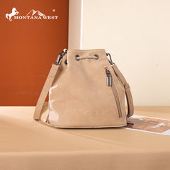 MW1349-8311 Montana West Hair-On Cowhide Drawstring Crossbody Bucket Bag - Tan