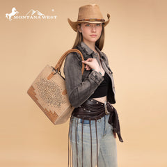 MW1354G-8355   Montana West Tooled Aztec Concealed Carry Tote/Crossbody