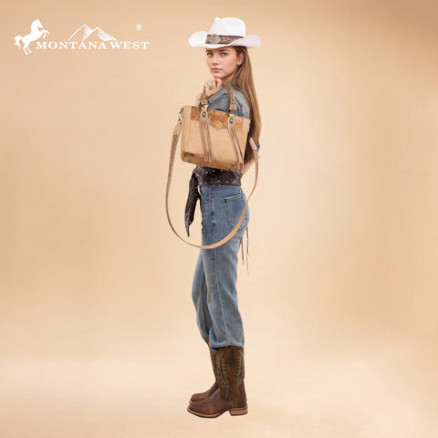 MW1358G-8120  Montana West Hair-On Hide Concealed Carry Tote Bag with Tooled Strap - Beige)
