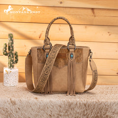 MW1358G-8120  Montana West Hair-On Hide Concealed Carry Tote Bag with Tooled Strap - Beige)