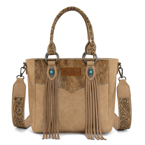 MW1358G-8120  Montana West Hair-On Hide Concealed Carry Tote Bag with Tooled Strap - Beige)