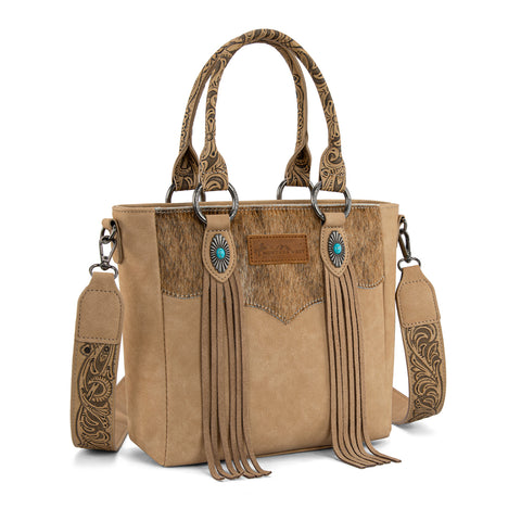 MW1358G-8120  Montana West Hair-On Hide Concealed Carry Tote Bag with Tooled Strap - Beige)