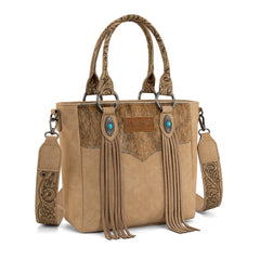MW1358G-8120  Montana West Hair-On Hide Concealed Carry Tote Bag with Tooled Strap - Beige)