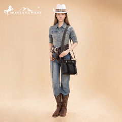 MW1358G-8120  Montana West Hair-On Hide Concealed Carry Tote Bag with Tooled Strap - Black