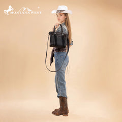 MW1358G-8120  Montana West Hair-On Hide Concealed Carry Tote Bag with Tooled Strap - Black