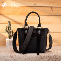 MW1358G-8120  Montana West Hair-On Hide Concealed Carry Tote Bag with Tooled Strap - Black