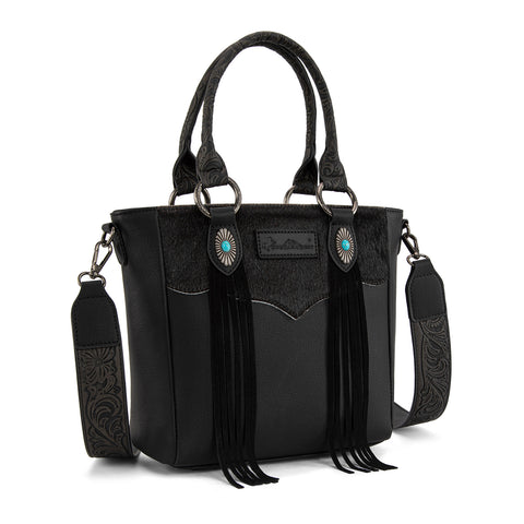 MW1358G-8120  Montana West Hair-On Hide Concealed Carry Tote Bag with Tooled Strap - Black