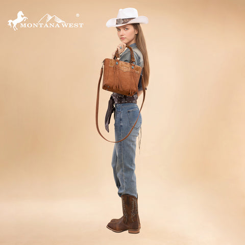 MW1358G-8120  Montana West Hair-On Hide Concealed Carry Tote Bag with Tooled Strap - Brown