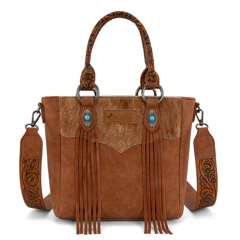 MW1358G-8120  Montana West Hair-On Hide Concealed Carry Tote Bag with Tooled Strap - Brown