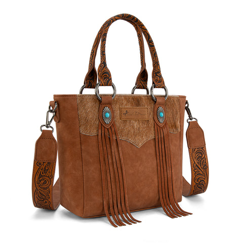 MW1358G-8120  Montana West Hair-On Hide Concealed Carry Tote Bag with Tooled Strap - Brown