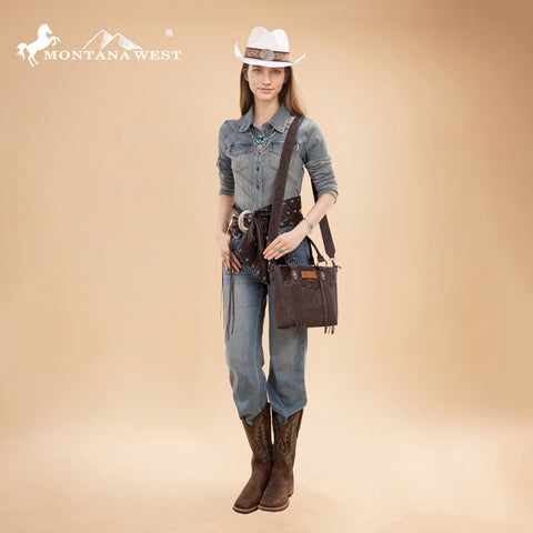 MW1358G-8120  Montana West Hair-On Hide Concealed Carry Tote Bag with Tooled Strap - Coffee
