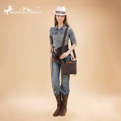 MW1358G-8120  Montana West Hair-On Hide Concealed Carry Tote Bag with Tooled Strap - Coffee