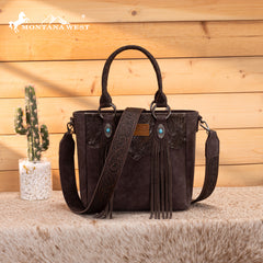 MW1358G-8120  Montana West Hair-On Hide Concealed Carry Tote Bag with Tooled Strap - Coffee