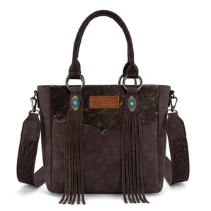 MW1358G-8120 Montana West Hair-On Hide Concealed Carry Tote Bag with Tooled Strap - Coffee