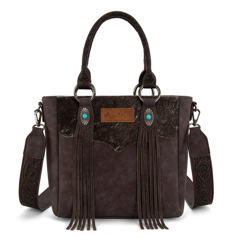 MW1358G-8120  Montana West Hair-On Hide Concealed Carry Tote Bag with Tooled Strap - Coffee