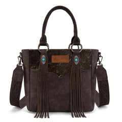 MW1358G-8120  Montana West Hair-On Hide Concealed Carry Tote Bag with Tooled Strap - Coffee