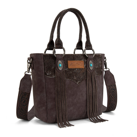MW1358G-8120  Montana West Hair-On Hide Concealed Carry Tote Bag with Tooled Strap - Coffee