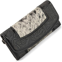 MW1360-W018   Montana West Hair-On Hide Tooled Wallet – Western Wristlet - Black