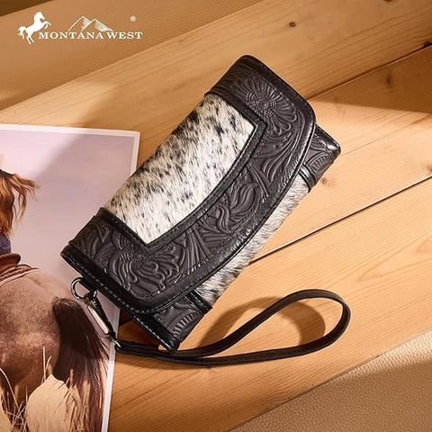 MW1360-W018   Montana West Hair-On Hide Tooled Wallet – Western Wristlet - Black