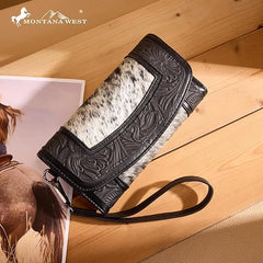 MW1360-W018   Montana West Hair-On Hide Tooled Wallet – Western Wristlet - Black