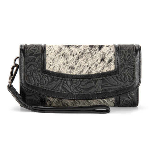 MW1360-W018   Montana West Hair-On Hide Tooled Wallet – Western Wristlet - Black