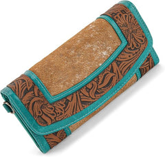 MW1360-W018   Montana West Hair-On Hide Tooled Wallet – Western Wristlet -Brown-Turquoise