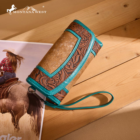 MW1360-W018   Montana West Hair-On Hide Tooled Wallet – Western Wristlet -Brown-Turquoise
