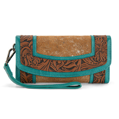MW1360-W018   Montana West Hair-On Hide Tooled Wallet – Western Wristlet -Brown-Turquoise