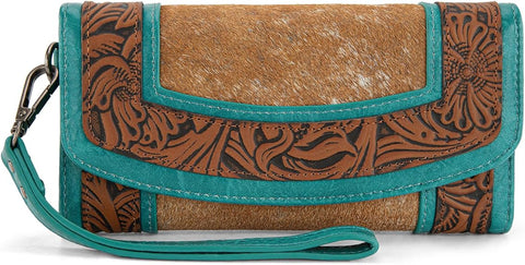 MW1360-W018   Montana West Hair-On Hide Tooled Wallet – Western Wristlet -Brown-Turquoise