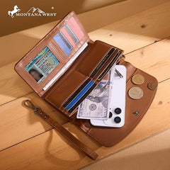 MW1360-W018   Montana West Hair-On Hide Tooled Wallet – Western Wristlet - Brown