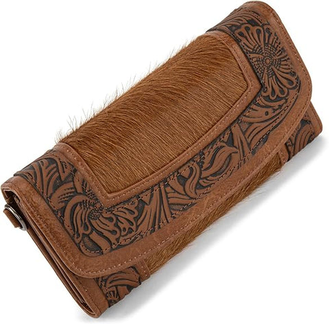 MW1360-W018   Montana West Hair-On Hide Tooled Wallet – Western Wristlet - Brown