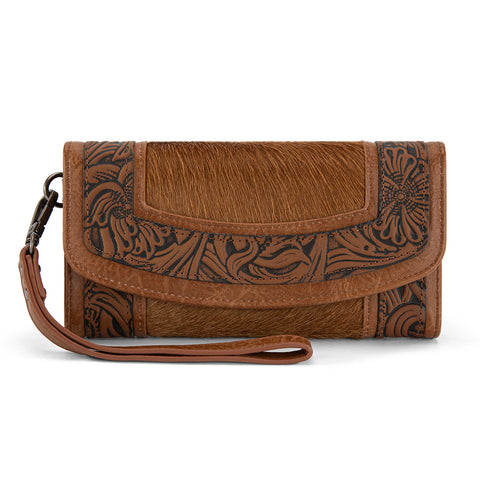 MW1360-W018   Montana West Hair-On Hide Tooled Wallet – Western Wristlet - Brown