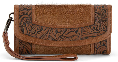 MW1360-W018   Montana West Hair-On Hide Tooled Wallet – Western Wristlet - Brown