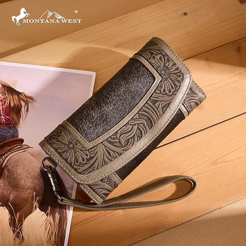 MW1360-W018   Montana West Hair-On Hide Tooled Wallet – Western Wristlet - Coffee