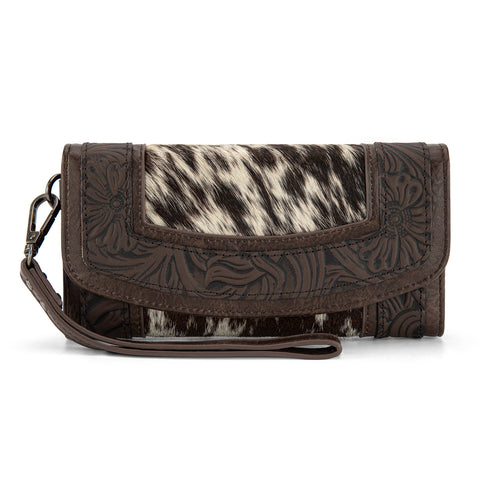 MW1360-W018   Montana West Hair-On Hide Tooled Wallet – Western Wristlet - Coffee