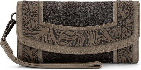 MW1360-W018   Montana West Hair-On Hide Tooled Wallet – Western Wristlet - Coffee