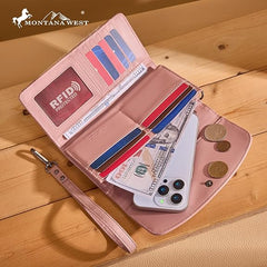 MW1360-W018   Montana West Hair-On Hide Tooled Wallet – Western Wristlet - Pink