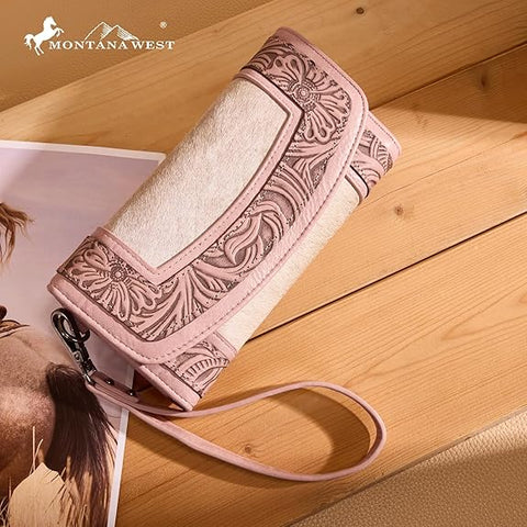 MW1360-W018   Montana West Hair-On Hide Tooled Wallet – Western Wristlet - Pink