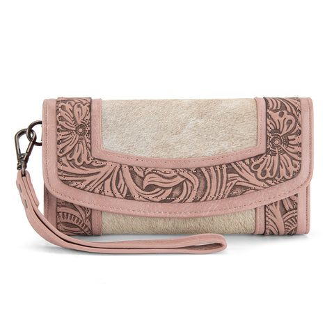MW1360-W018   Montana West Hair-On Hide Tooled Wallet – Western Wristlet - Pink