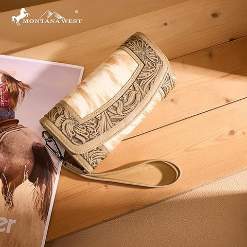 MW1360-W018   Montana West Hair-On Hide Tooled Wallet – Western Wristlet -Tan