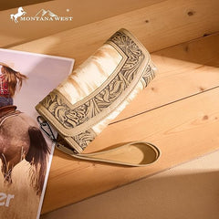 MW1360-W018   Montana West Hair-On Hide Tooled Wallet – Western Wristlet -Tan